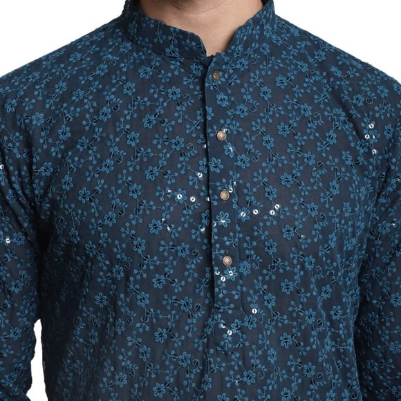 Men Chikankari Georgette Blue Color Kurta Full Sleeve Knee Length Kurta - Picture 5 of 6